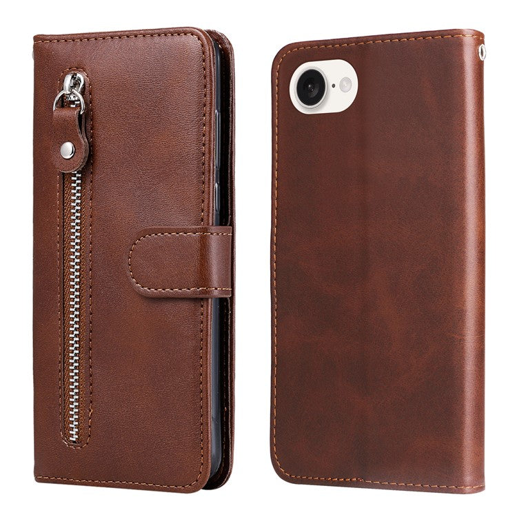 For iPhone 16e Wallet Case Zipper Pocket Leather Phone Cover Wholesale - Brown