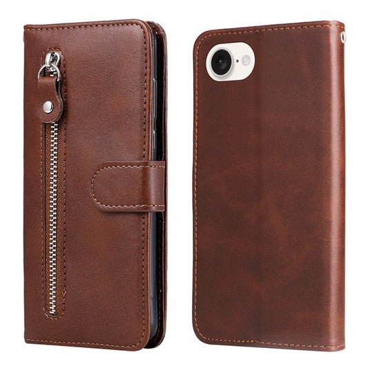 For iPhone 16e Wallet Case Zipper Pocket Leather Phone Cover Wholesale - Brown