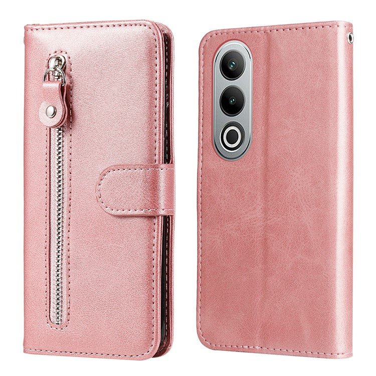 For OnePlus Nord CE4 5G / Oppo K12 Case Calf Texture PU Leather Zipper Pocket Wallet Phone Cover - Pink