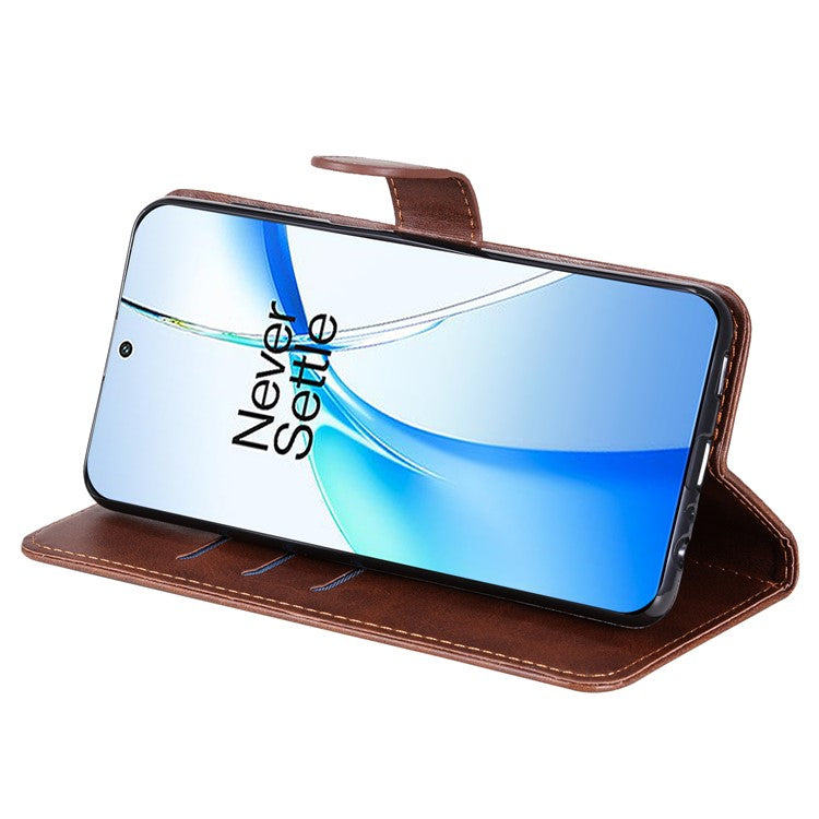 For OnePlus Nord CE4 5G / Oppo K12 Case Calf Texture PU Leather Zipper Pocket Wallet Phone Cover - Brown