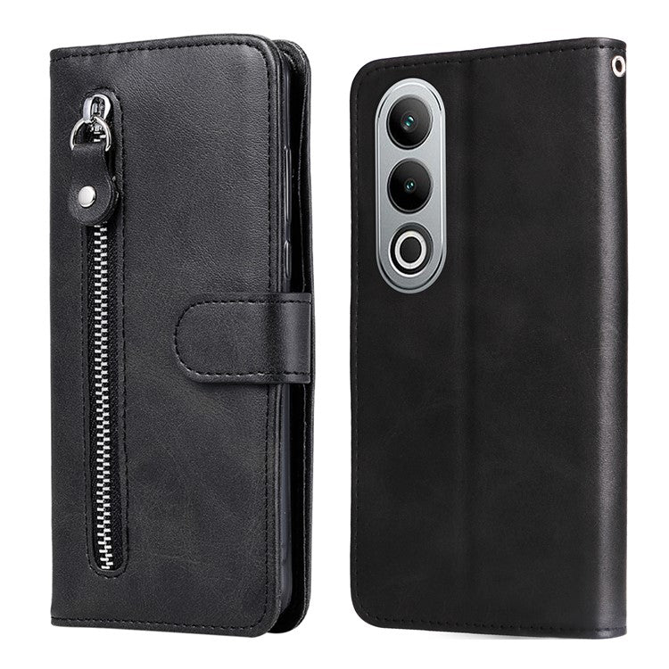 For OnePlus Nord CE4 5G / Oppo K12 Case Calf Texture PU Leather Zipper Pocket Wallet Phone Cover - Black