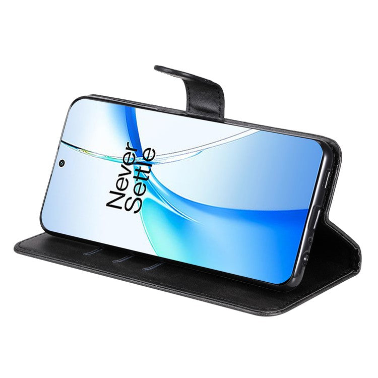 For OnePlus Nord CE4 5G / Oppo K12 Case Calf Texture PU Leather Zipper Pocket Wallet Phone Cover - Black