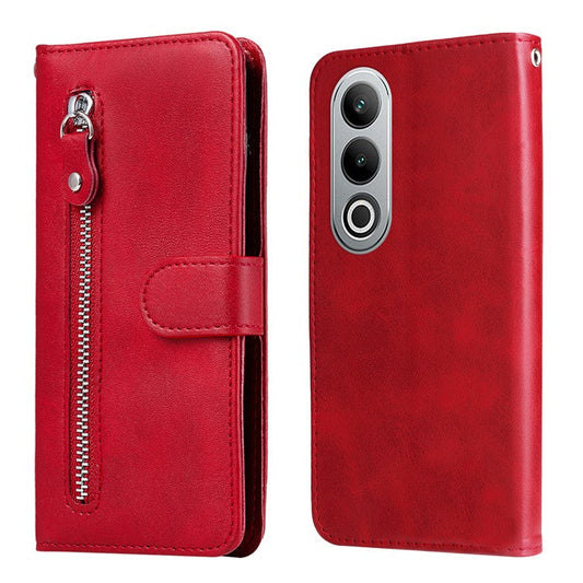 For OnePlus Nord CE4 5G / Oppo K12 Case Calf Texture PU Leather Zipper Pocket Wallet Phone Cover - Red