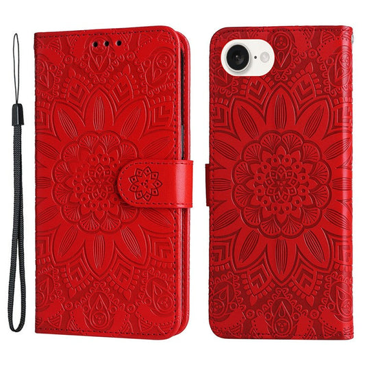 For iPhone 16e Magnetic Phone Case Shockproof Sunflower Leather Stand Cover - Red