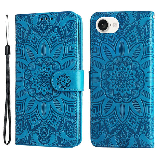 For iPhone 16e Magnetic Phone Case Shockproof Sunflower Leather Stand Cover - Blue