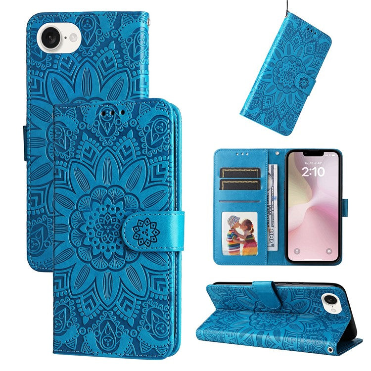 For iPhone 16e Magnetic Phone Case Shockproof Sunflower Leather Stand Cover - Blue
