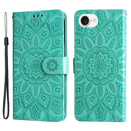 For iPhone 16e Magnetic Phone Case Shockproof Sunflower Leather Stand Cover - Green