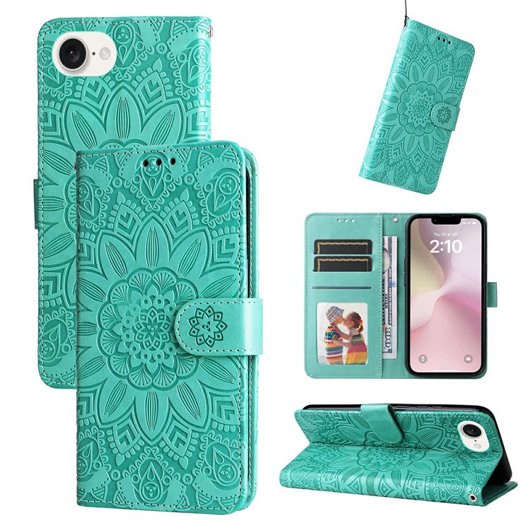 For iPhone 16e Magnetic Phone Case Shockproof Sunflower Leather Stand Cover - Green