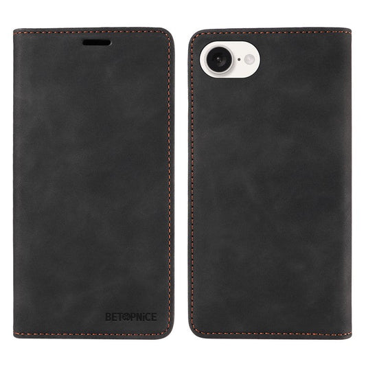 BETOPNICE 003 For iPhone 16e Wallet Case RFID Blocking Leather+TPU Shockproof Phone Shell - Black