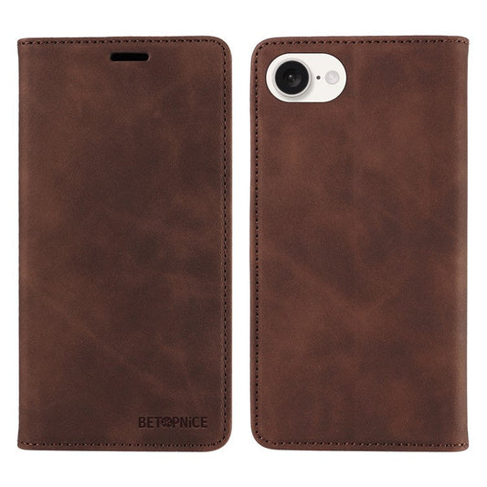 BETOPNICE 003 For iPhone 16e Wallet Case RFID Blocking Leather+TPU Shockproof Phone Shell - Brown