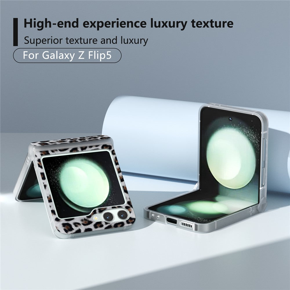 For Samsung Galaxy Z Flip7 FE 5G / Z Flip6 5G Case Clear Matte Edge Leopard Print Texture Leather+PC Phone Cover - Silver
