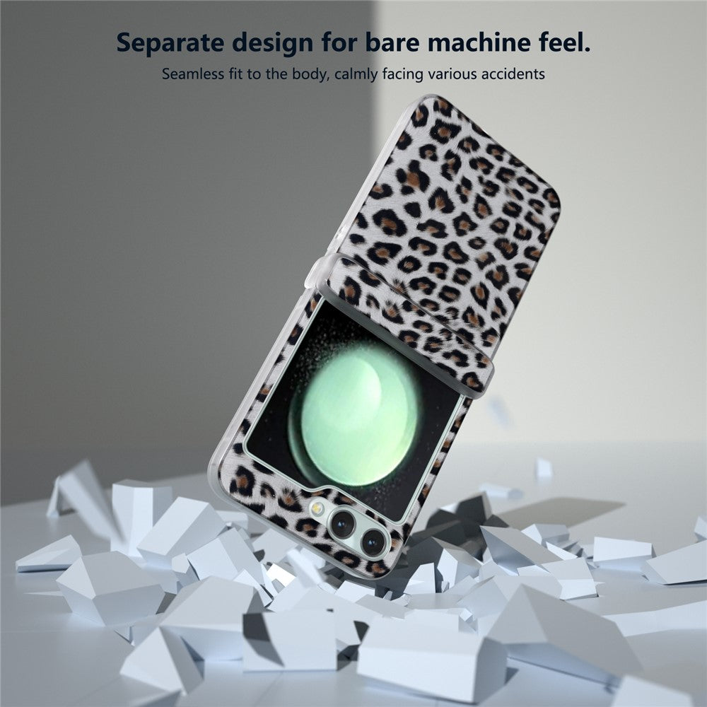 For Samsung Galaxy Z Flip7 FE 5G / Z Flip6 5G Case Clear Matte Edge Leopard Print Texture Leather+PC Phone Cover - Silver