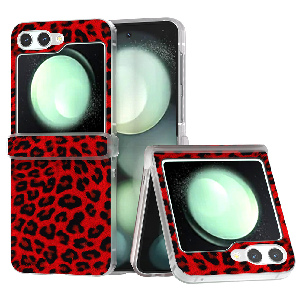 For Samsung Galaxy Z Flip6 5G Case Clear Matte Edge Leopard Print Texture Leather+PC Phone Cover - Red