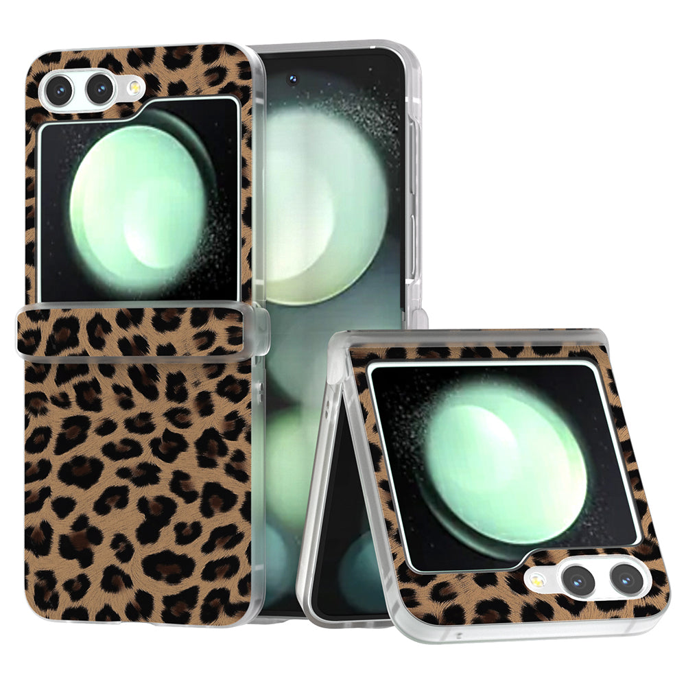 For Samsung Galaxy Z Flip6 5G Case Clear Matte Edge Leopard Print Texture Leather+PC Phone Cover - Champagne Gold