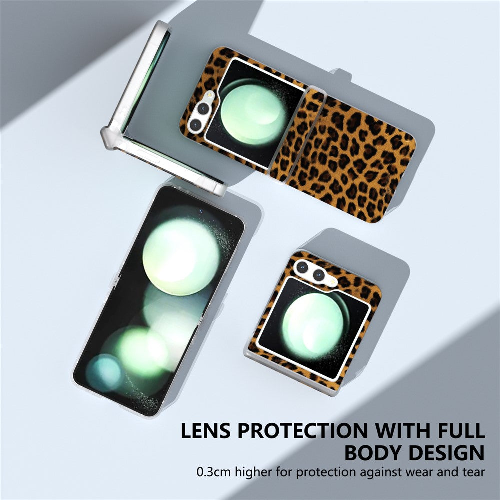 For Samsung Galaxy Z Flip7 FE 5G / Z Flip6 5G Case Clear Matte Edge Leopard Print Texture Leather+PC Phone Cover - Gold