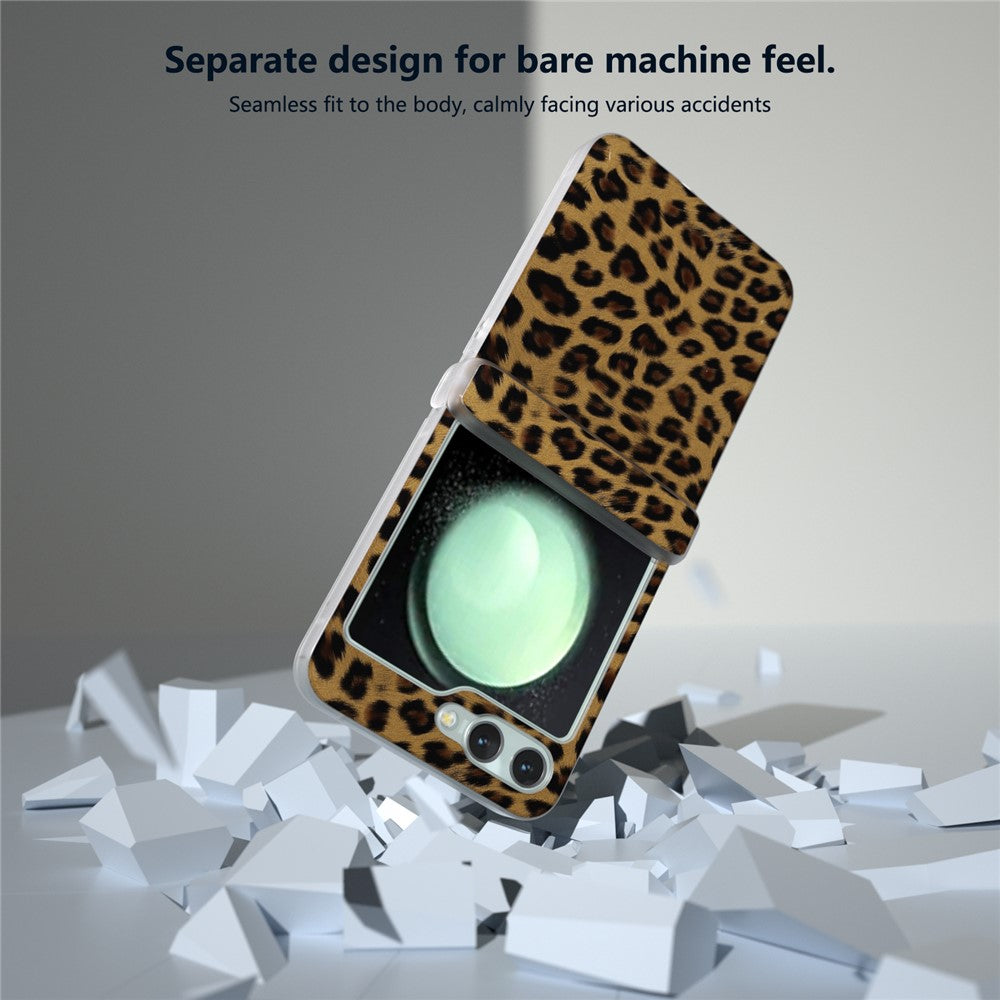 For Samsung Galaxy Z Flip7 FE 5G / Z Flip6 5G Case Clear Matte Edge Leopard Print Texture Leather+PC Phone Cover - Gold