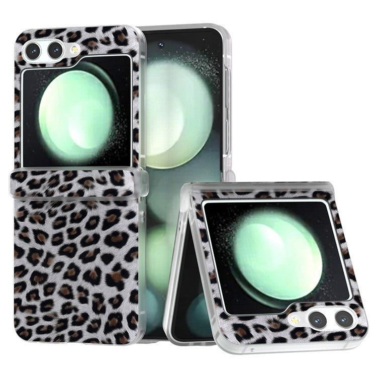 For Samsung Galaxy Z Flip5 5G Back Case Leopard Print Texture Leather+PC Clear Matte Edge Cover - Silver