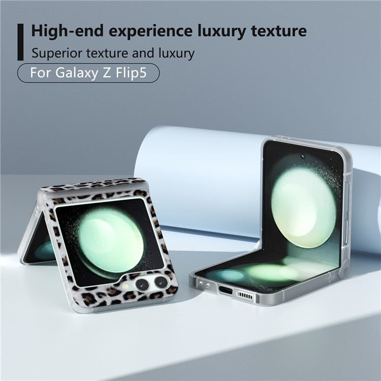 For Samsung Galaxy Z Flip5 5G Back Case Leopard Print Texture Leather+PC Clear Matte Edge Cover - Silver