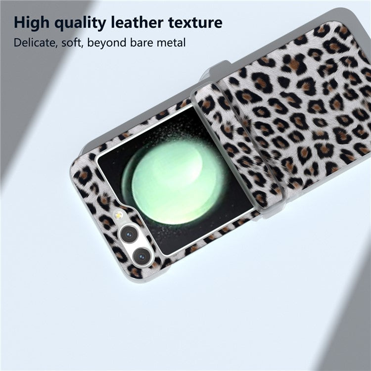 For Samsung Galaxy Z Flip5 5G Back Case Leopard Print Texture Leather+PC Clear Matte Edge Cover - Silver