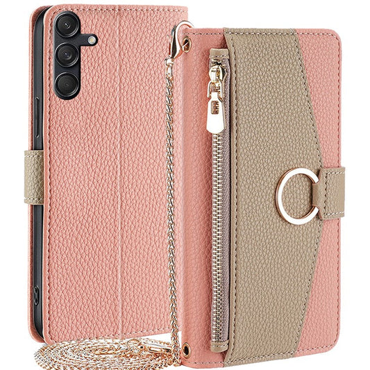 For Samsung Galaxy M55 5G / C55 5G / F55 5G Case Zipper Wallet Stand Phone Leather Cover with Mirror Design - Pink