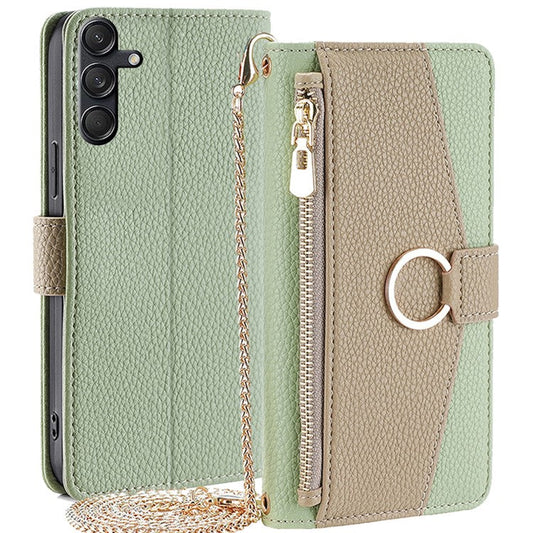 For Samsung Galaxy M55 5G / C55 5G / F55 5G Case Zipper Wallet Stand Phone Leather Cover with Mirror Design - Green