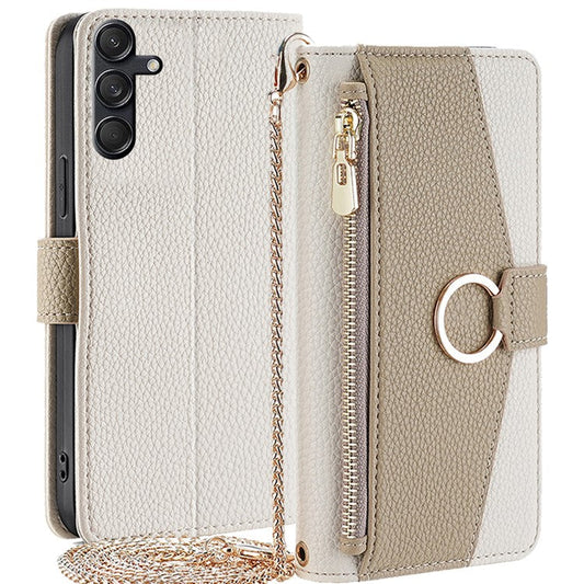 For Samsung Galaxy M55 5G / C55 5G / F55 5G Case Zipper Wallet Stand Phone Leather Cover with Mirror Design - White