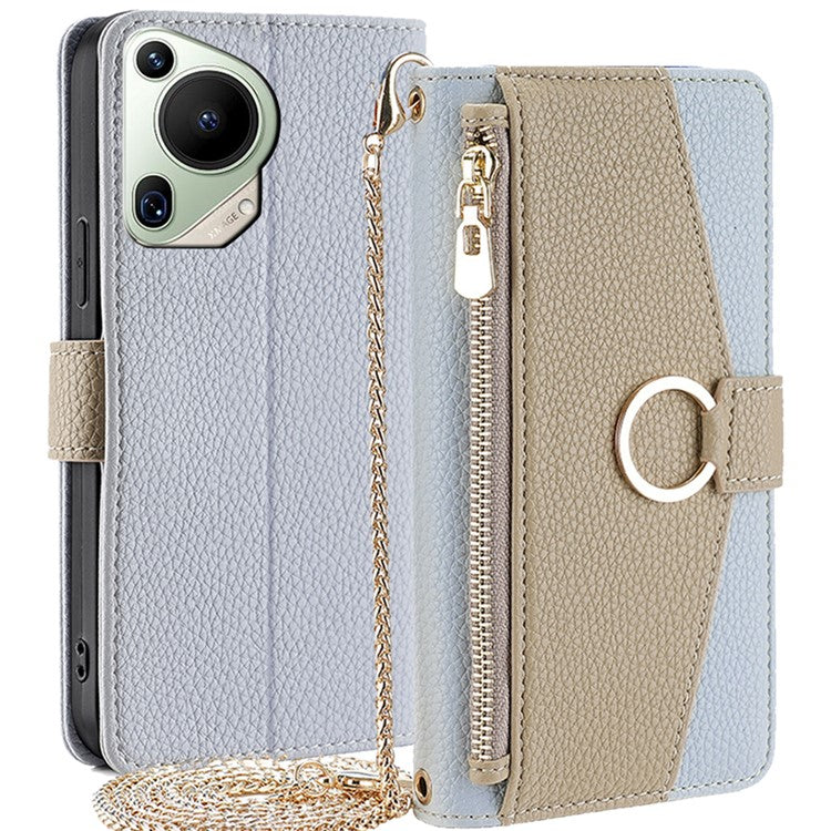 For Huawei Pura 70 Ultra Stand Case Zipper Wallet Magnetic Phone Cover with Mirror Function - Blue