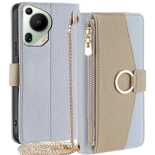 For Huawei Pura 70 Ultra Stand Case Zipper Wallet Magnetic Phone Cover with Mirror Function - Blue