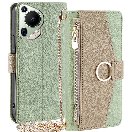 For Huawei Pura 70 Ultra Stand Case Zipper Wallet Magnetic Phone Cover with Mirror Function - Green