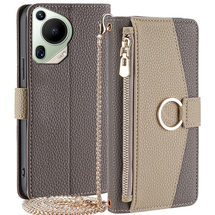 For Huawei Pura 70 Ultra Stand Case Zipper Wallet Magnetic Phone Cover with Mirror Function - Grey