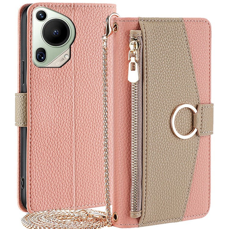 For Huawei Pura 70 Ultra Stand Case Zipper Wallet Magnetic Phone Cover with Mirror Function - Pink