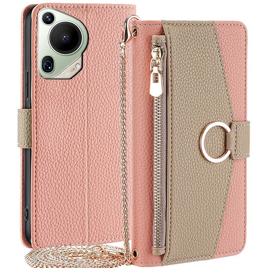 For Huawei Pura 70 Ultra Stand Case Zipper Wallet Magnetic Phone Cover with Mirror Function - Pink