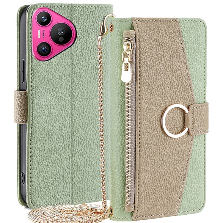 For Huawei Pura 70 Case Zipper Wallet Mirror Function Phone Cover with Shoulder Strap - Green