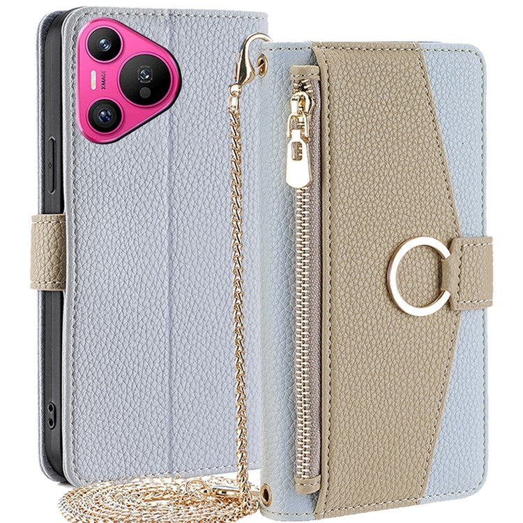 For Huawei Pura 70 Case Zipper Wallet Mirror Function Phone Cover with Shoulder Strap - Blue