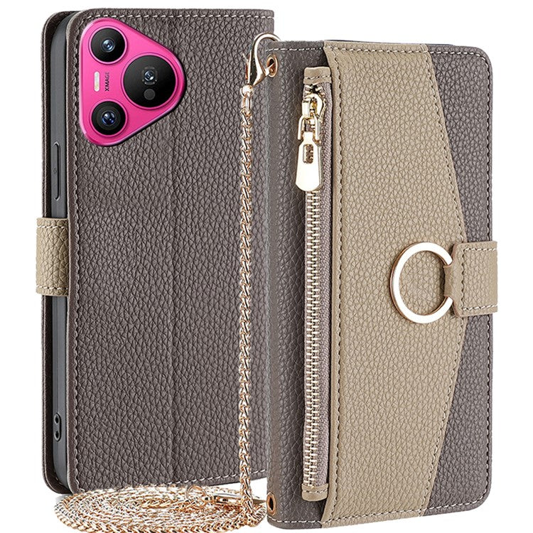 For Huawei Pura 70 Case Zipper Wallet Mirror Function Phone Cover with Shoulder Strap - Grey