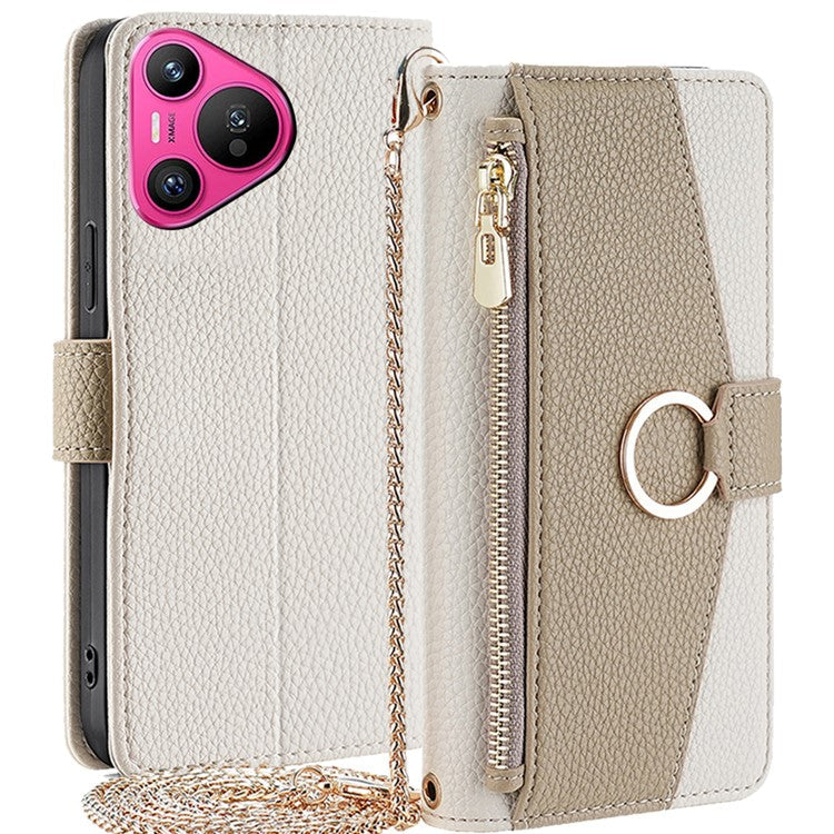 For Huawei Pura 70 Case Zipper Wallet Mirror Function Phone Cover with Shoulder Strap - White
