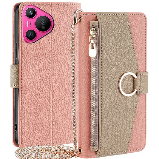 For Huawei Pura 70 Case Zipper Wallet Mirror Function Phone Cover with Shoulder Strap - Pink