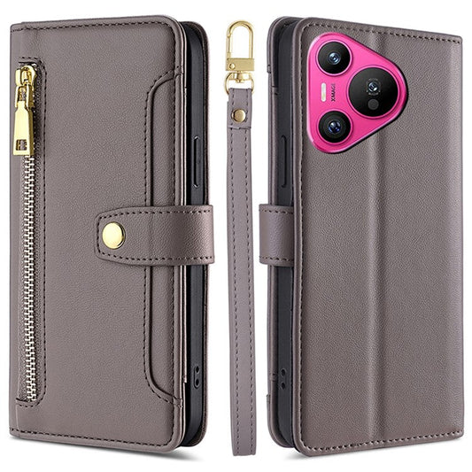 For Huawei Pura 70 Case PU Leather Zipper Flip Phone Cover with 6 Card Slots - Grey