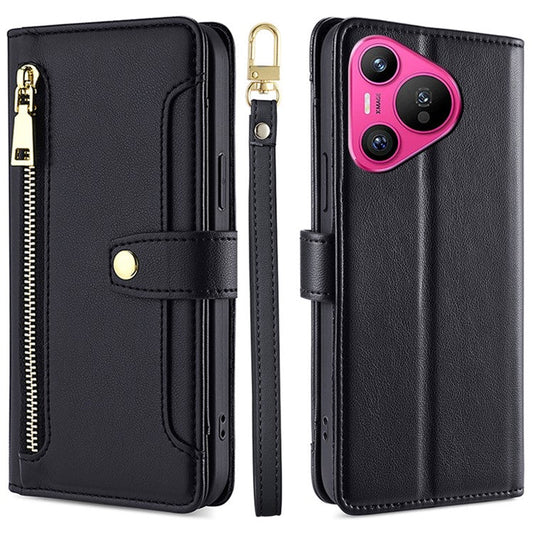 For Huawei Pura 70 Case PU Leather Zipper Flip Phone Cover with 6 Card Slots - Black