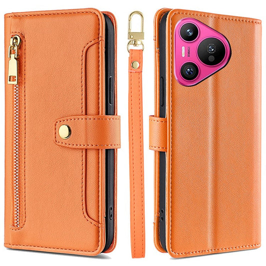 For Huawei Pura 70 Case PU Leather Zipper Flip Phone Cover with 6 Card Slots - Orange