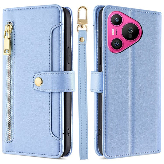 For Huawei Pura 70 Case PU Leather Zipper Flip Phone Cover with 6 Card Slots - Blue
