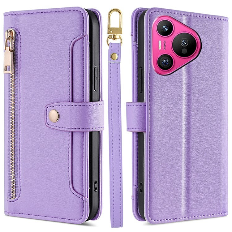 For Huawei Pura 70 Case PU Leather Zipper Flip Phone Cover with 6 Card Slots - Purple