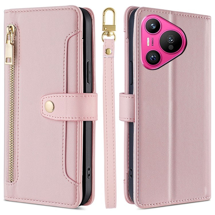For Huawei Pura 70 Case PU Leather Zipper Flip Phone Cover with 6 Card Slots - Pink