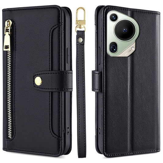 For Huawei Pura 70 Ultra Zipper Wallet Case Shockproof PU Leather Flip Phone Cover - Black