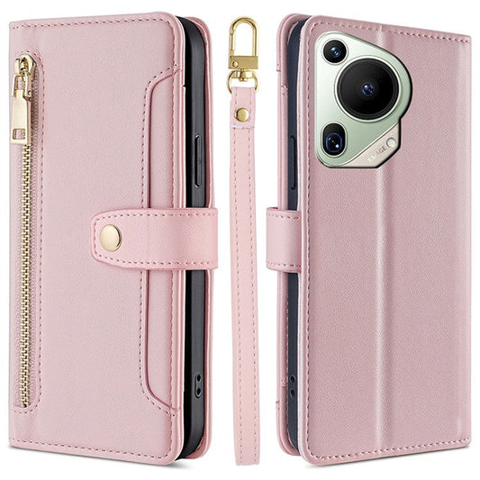 For Huawei Pura 70 Ultra Zipper Wallet Case Shockproof PU Leather Flip Phone Cover - Pink