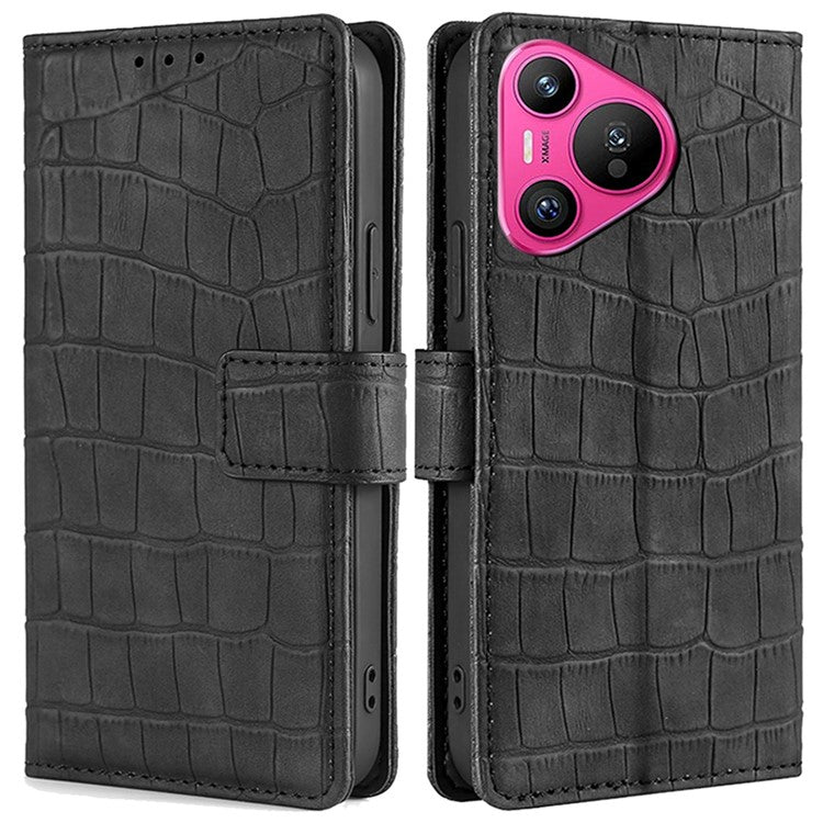 For Huawei Pura 70 Phone Case Skin-Touch Crocodile Texture Leather Cover with Wallet - Black