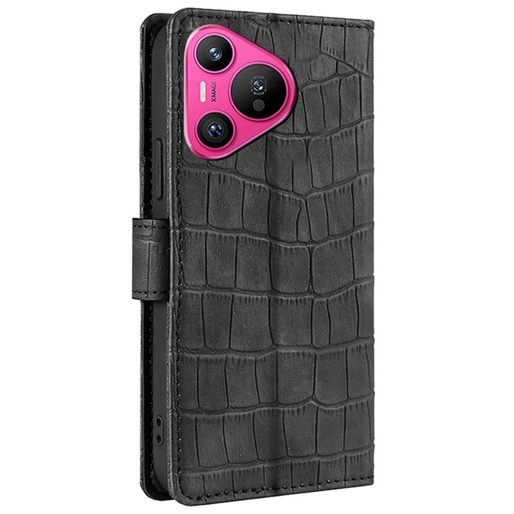 For Huawei Pura 70 Phone Case Skin-Touch Crocodile Texture Leather Cover with Wallet - Black