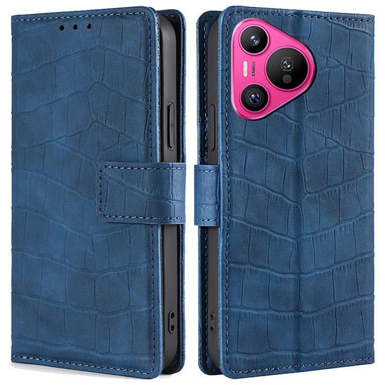 For Huawei Pura 70 Phone Case Skin-Touch Crocodile Texture Leather Cover with Wallet - Blue