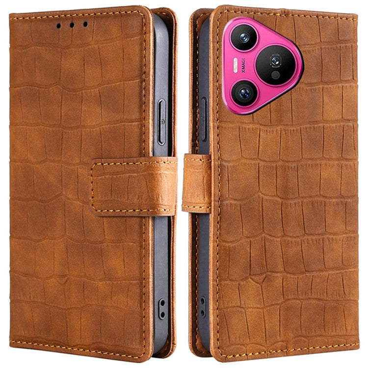 For Huawei Pura 70 Phone Case Skin-Touch Crocodile Texture Leather Cover with Wallet - Brown
