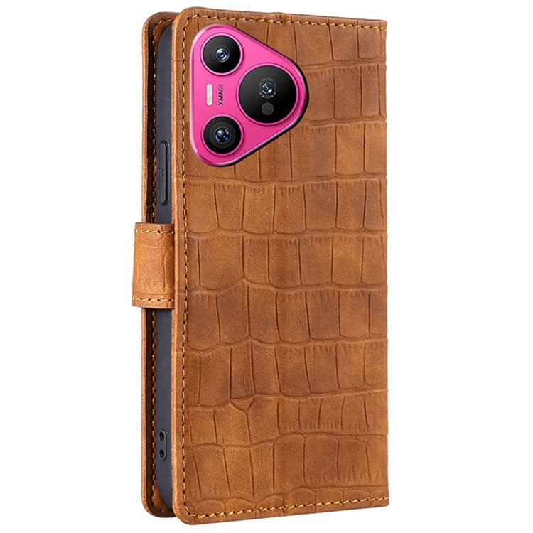 For Huawei Pura 70 Phone Case Skin-Touch Crocodile Texture Leather Cover with Wallet - Brown